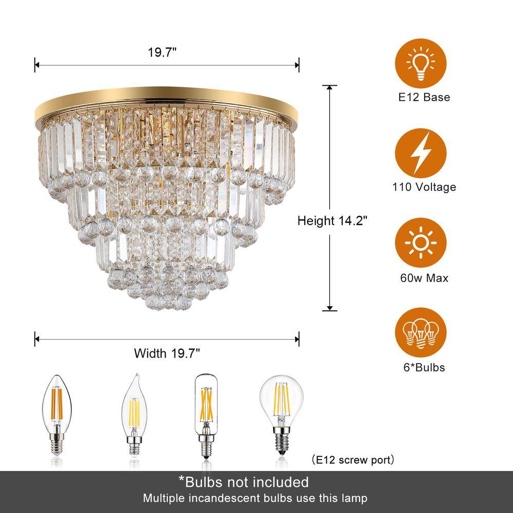 19.70 in. 6-Light Gold Flush Mount with Crystal Shade and No Bulbs Included - Hercitys