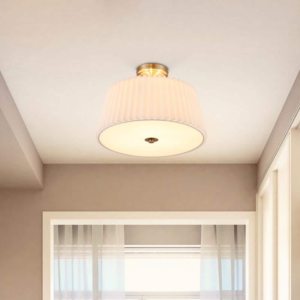 16 in. 3-Light Gold Modern Semi Flush Mount with Pleated Drum Lamp Shade - Hercitys