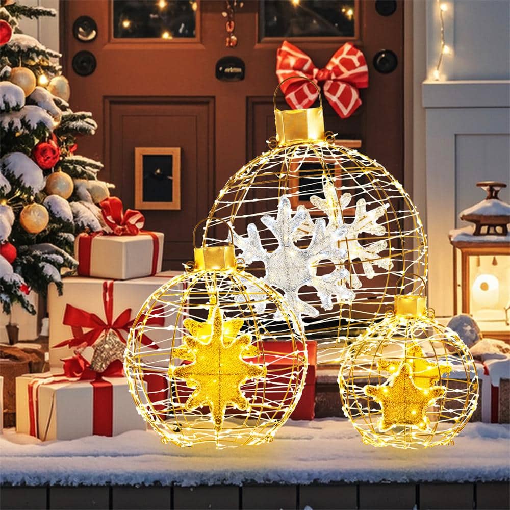 1.75 ft. 732-Count Bright LED Lights Gold Christmas Lantern Balls Ornaments Yard Decoration - Hercitys