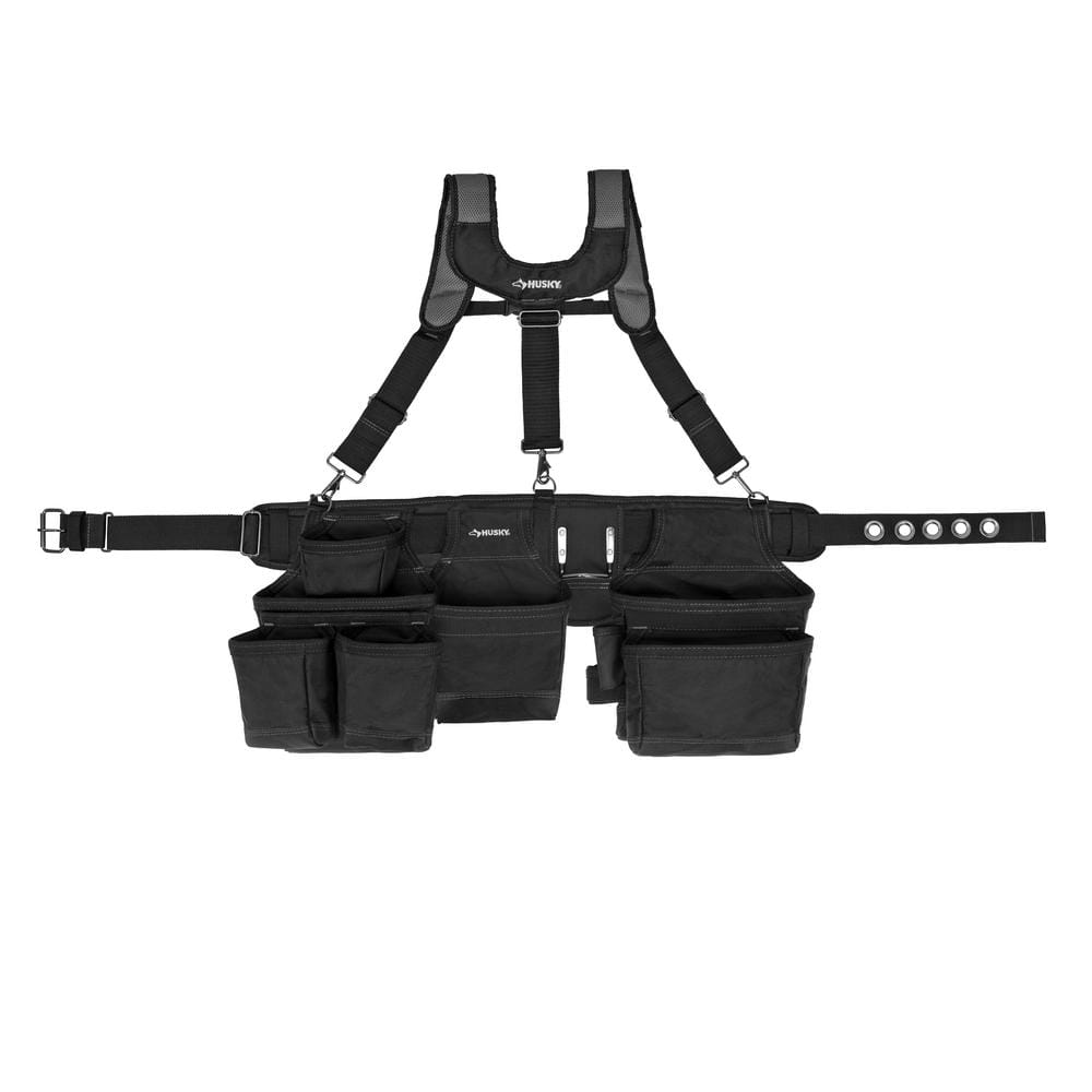 3-Bag 17-Pocket Black Framer’s Suspension Rig Work Tool Belt with Suspenders - Hercitys
