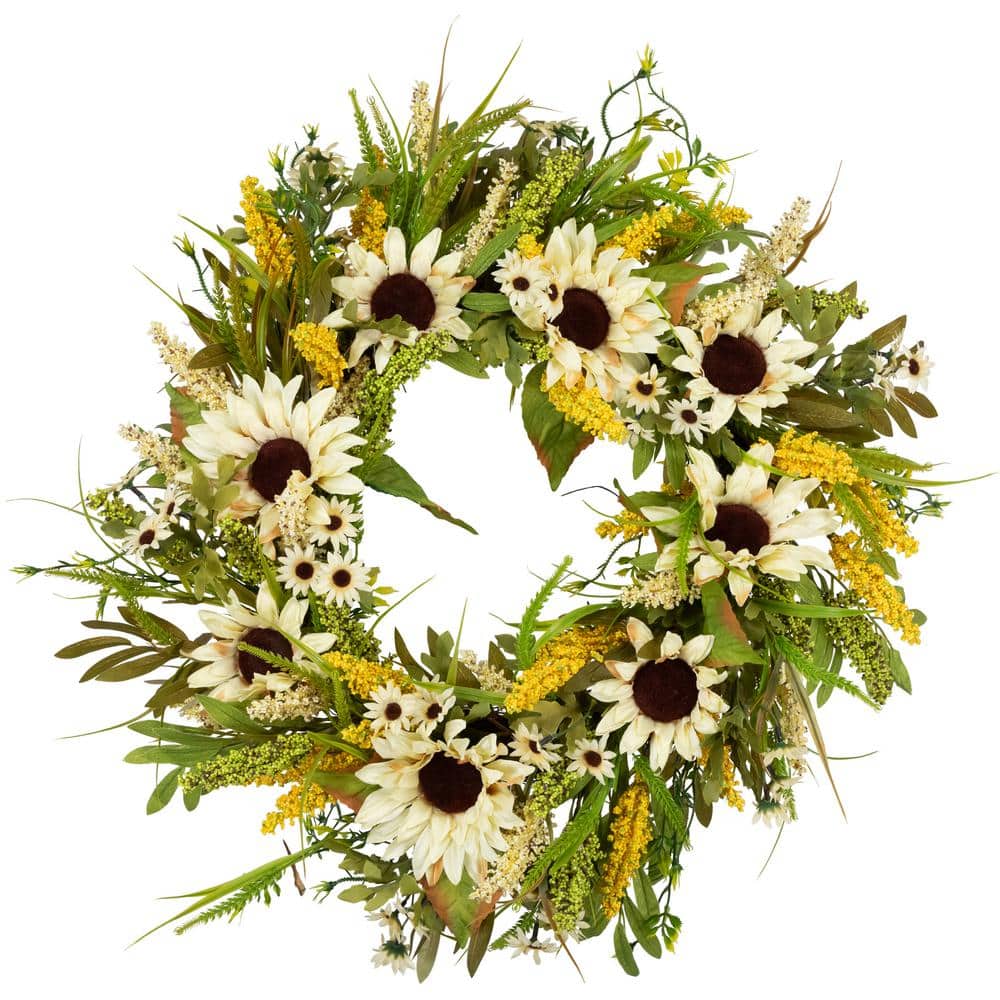 24 in. Beige Sunflowers Artificial Fall Harvest Wreath - Hercitys