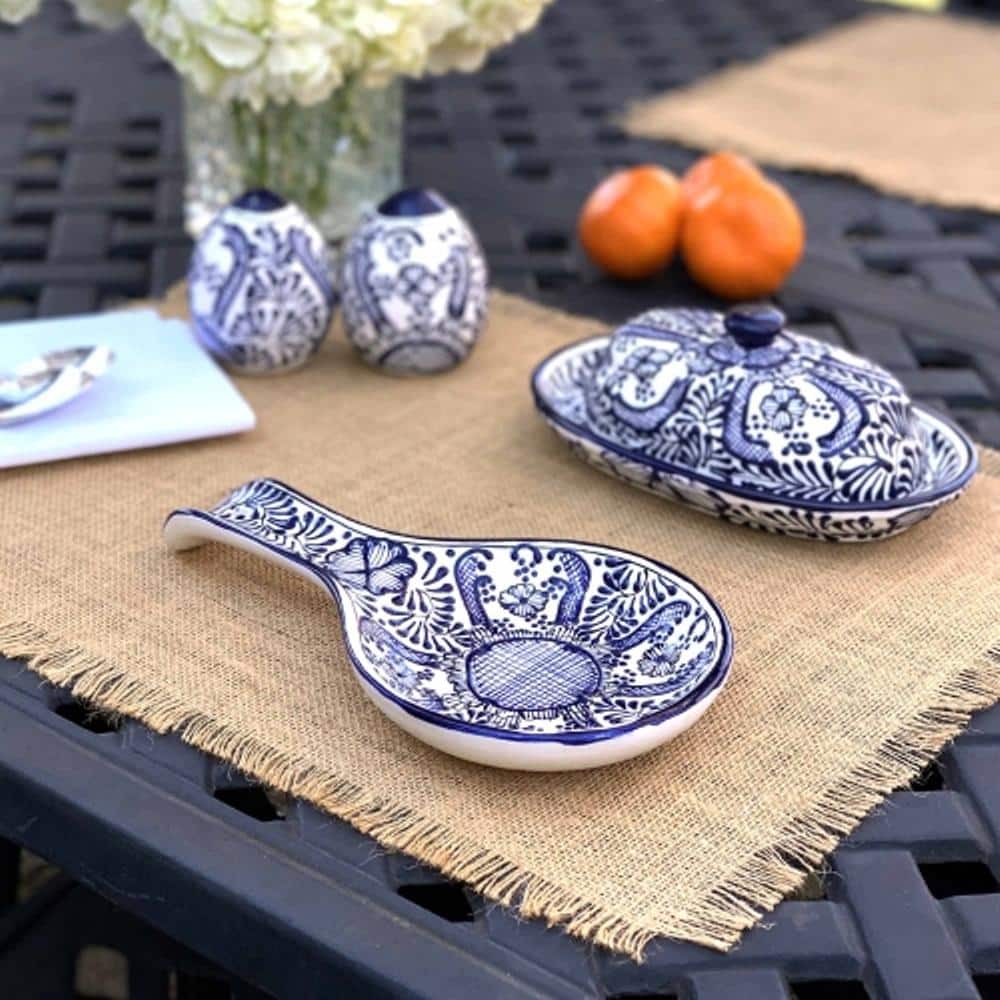 1-Piece Blue Flower Mexican Pottery Ceramic Spoon Rest - Hercitys