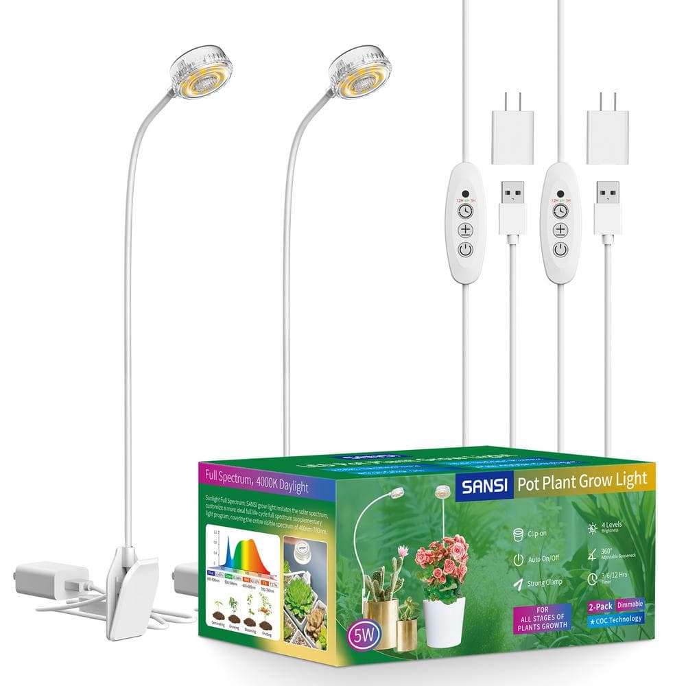 5-Watt White Clip LED Grow Light 4000K Daylight for Indoor Plants, Full Spectrum, 4-Level Dimmable Auto On/Off (2-Pack) - Hercitys