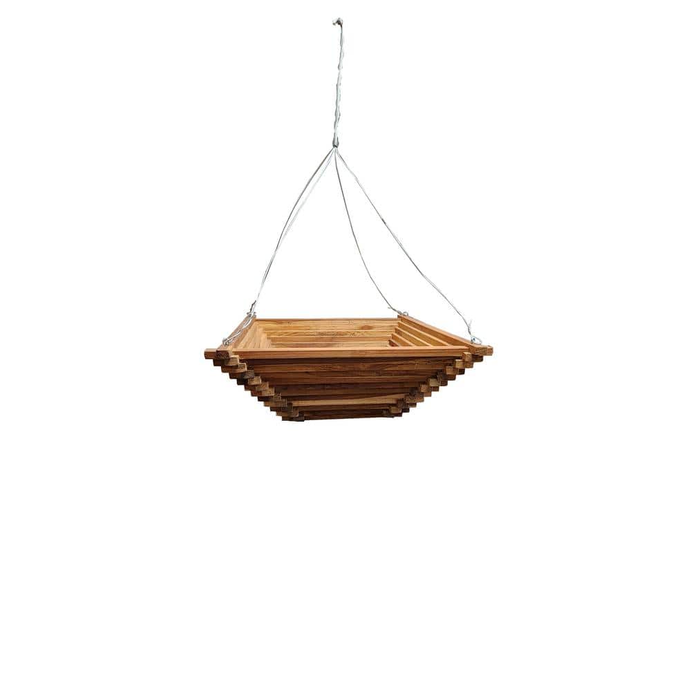 18 in. Brown Teak Wood Square Pyramid Shape Hanging Basket - Hercitys