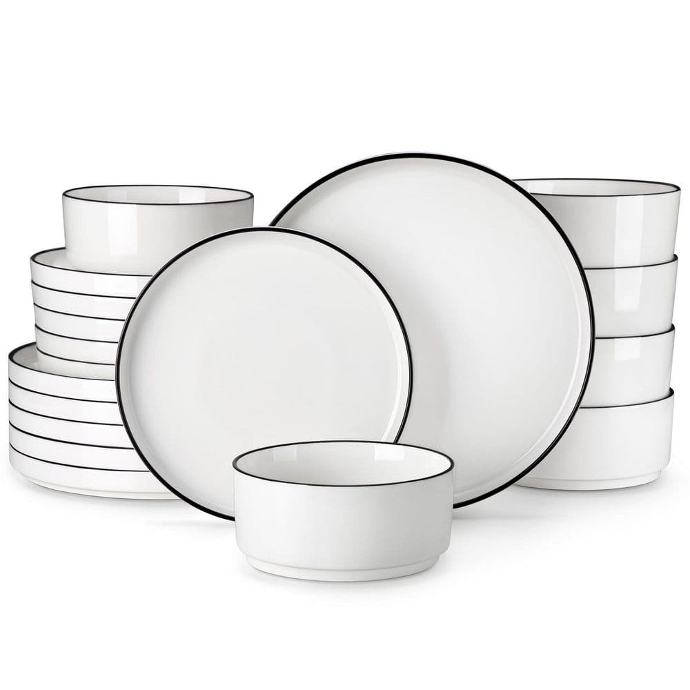 18-Piece White Black Rim Porcelain Dinnerware Set Service for 6 Tableware with Dinner Plates Dessert Plates and Bowls - Hercitys
