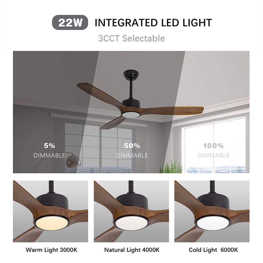 52 in. LED Indoor Outdoor Matte Black and Mahogany Finished Ceiling Fan with 1-Light and Remote Control - Hercitys