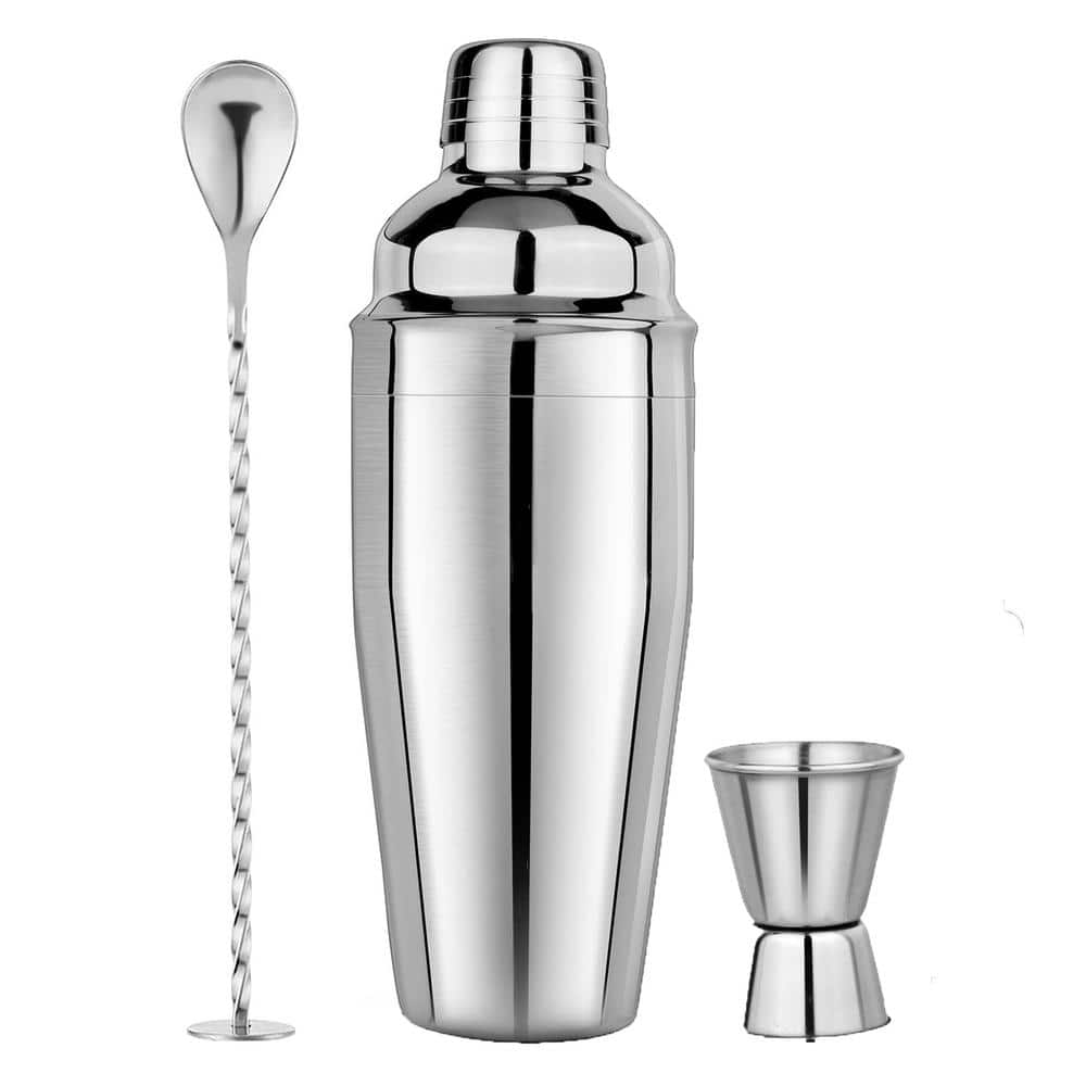 3 in 1 25 oz. Silver Stainless Steel 1-Piece Cocktail Shaker with Measuring Jigger and Mixing Spoon - Hercitys