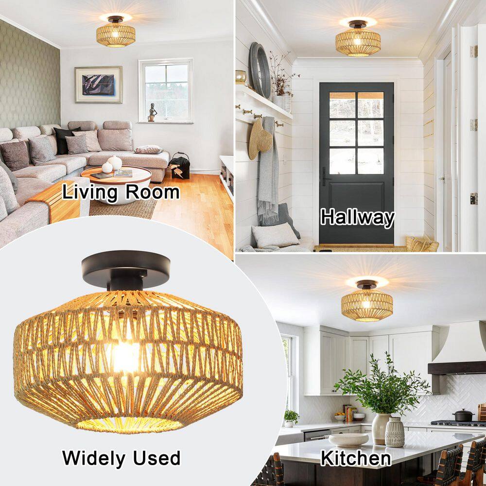 11.81 in. 3-Light Black Brown Farmhouse Semi-Flush Mount Light with Hemp Ropes Shade and No Bulbs Included - Hercitys