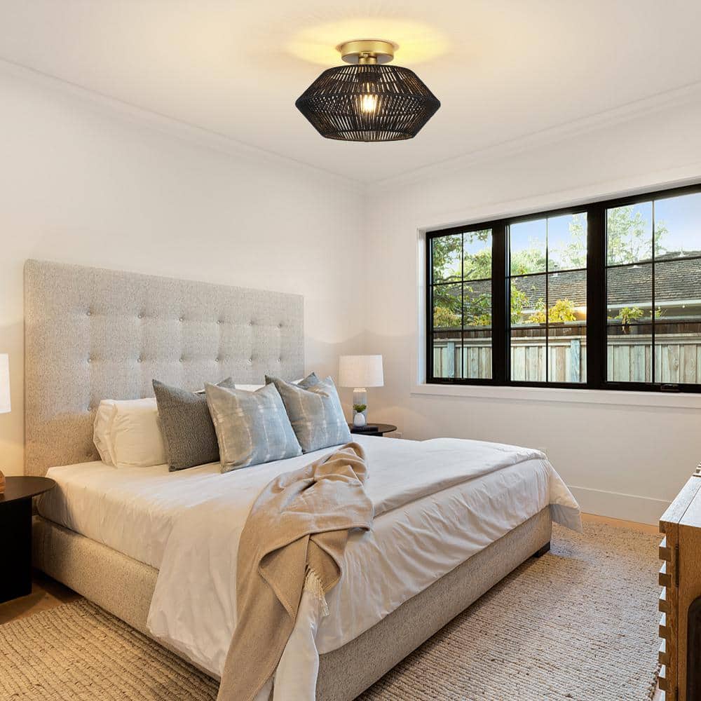 12.6 in. 1-Light Gold and Black Bohemian Rattan Semi Flush Mount Ceiling Light for Dining Room - Hercitys