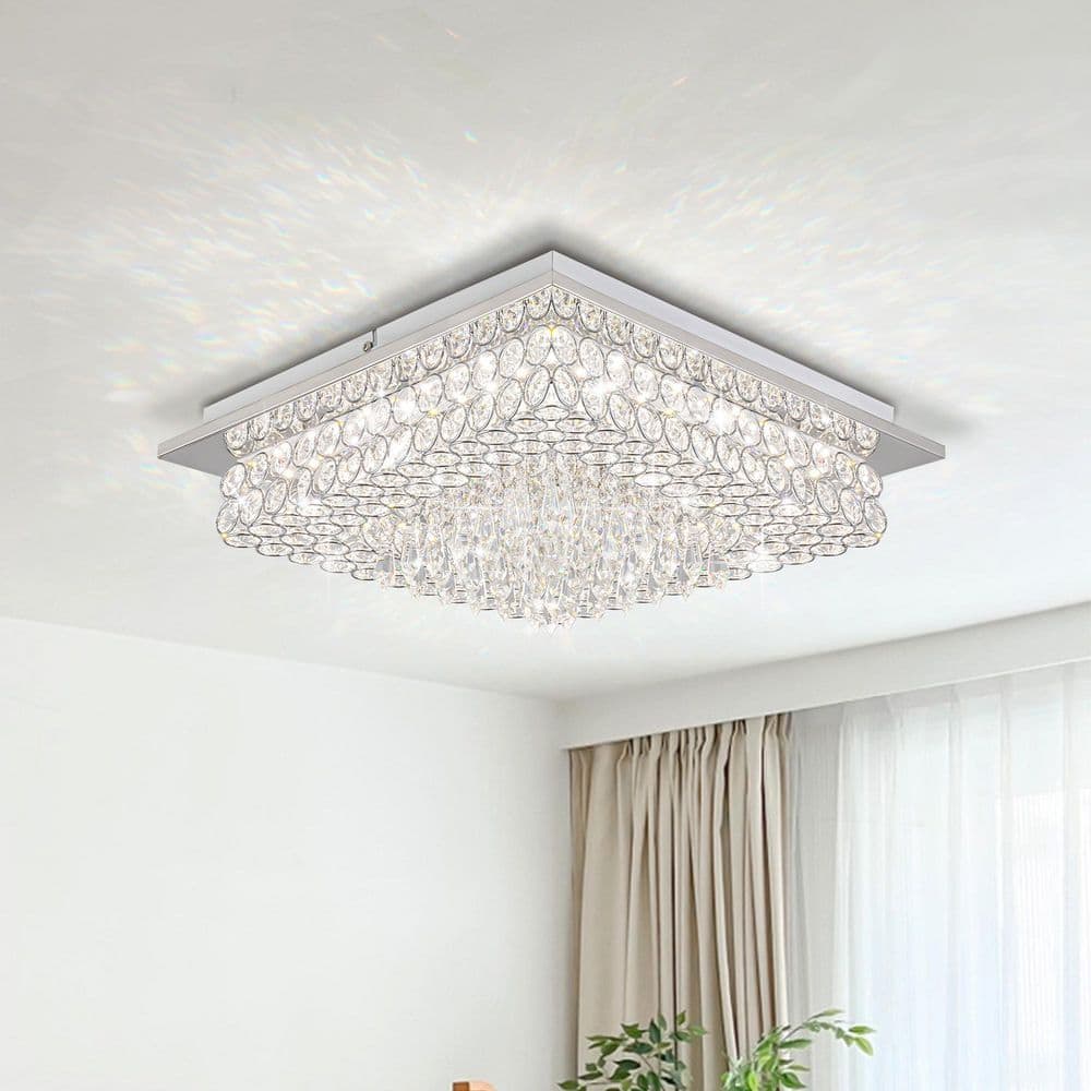 15 In. 18-Watt Modern Silver Integrated LED Flush Mount Lighting with Crystal Glass Shade Bedroom Ceiling Light - Hercitys