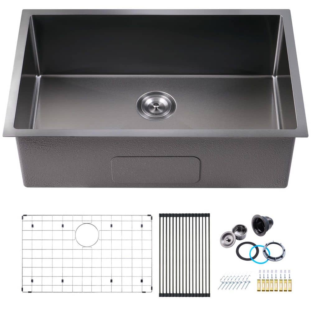30 in. Drop-In/Undermount Single Bowl 16 Gauge Gunmetal Black 304 Stainless Steel Kitchen Sink with Accessories - Hercitys
