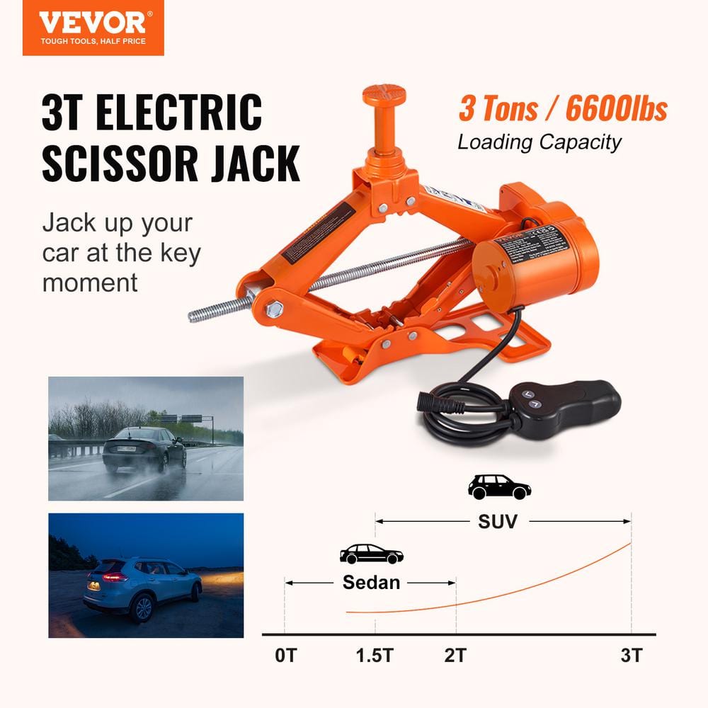3-Ton 6600 lbs. Electric Scissor Jack Car Floor Jack 12-Volt Lift Up To 16.5 in. H with Remote Control for Sedan SUV - Hercitys