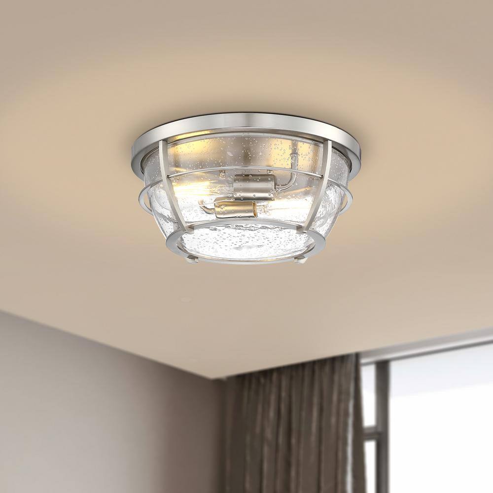 12.8 in. 2-Light Barreled Brushed Nickel Cage Flush Mount Ceiling Light - Hercitys