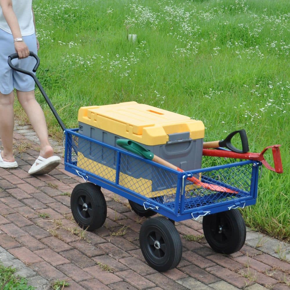 3.5 cu. ft. Blue Utility Metal Garden Cart Outdoor Lawn Wagon with Removable Sides - Hercitys