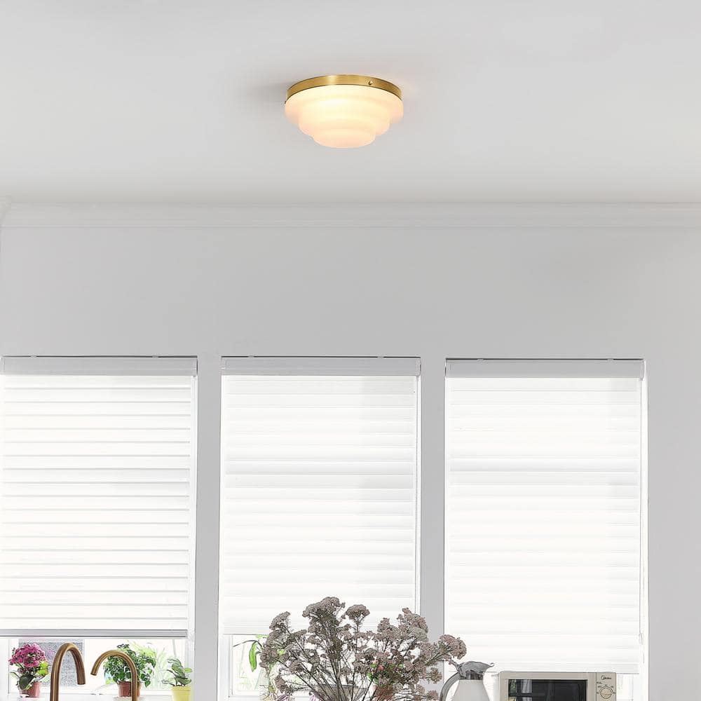 11.81 in. 2-Light Matte Brass Flush Mount Ceiling Light with Tiered Milk Glass Shade - Hercitys