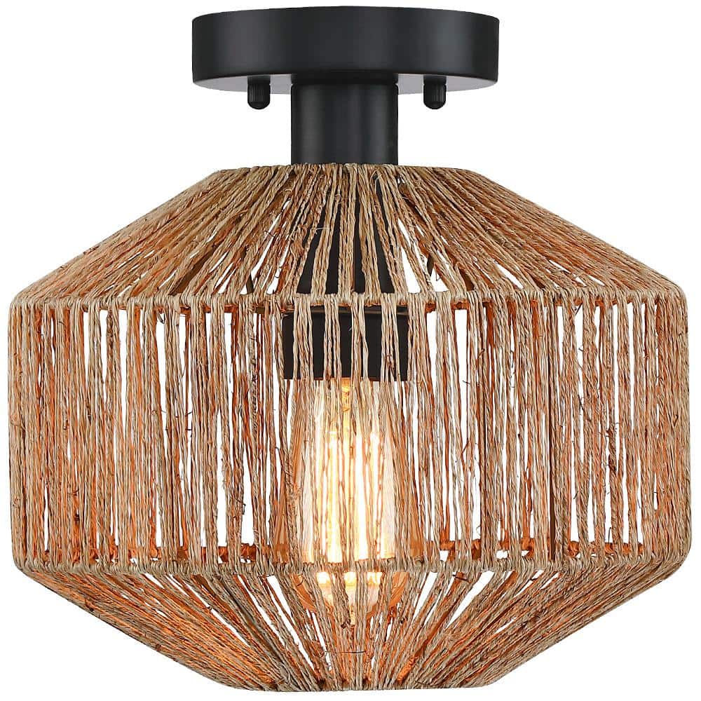 10.2 in. 1-Light Bohemian Natural Jute Rope Semi-Flush Mount Ceiling Light with Black Hardware - Hercitys