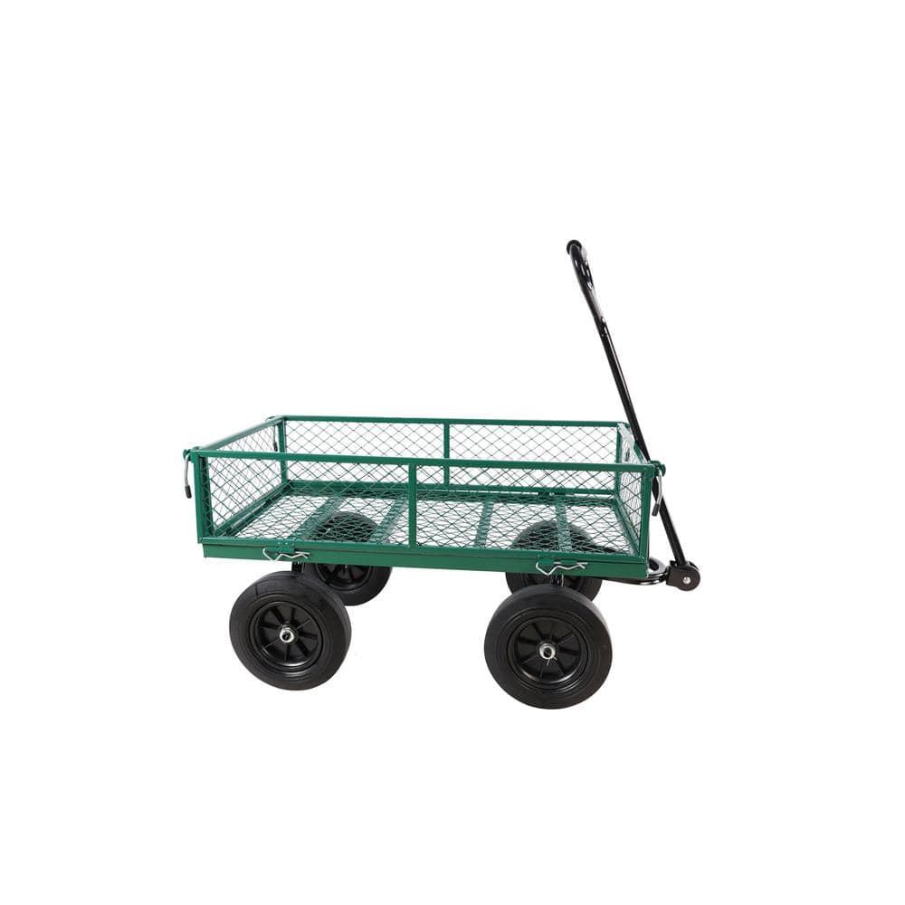 3.64 cu. ft. Green Outdoor Garden Mesh Metal Garden Cart with Removable Side Panels, Solid Wheels and Adjustable Handle - Hercitys