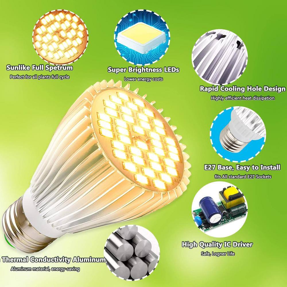 30-Watt E25 Full Spectrum Warm White LED Grow Light Bulb with Low Heat Design for Indoor Plants, White (2-Pack) - Hercitys