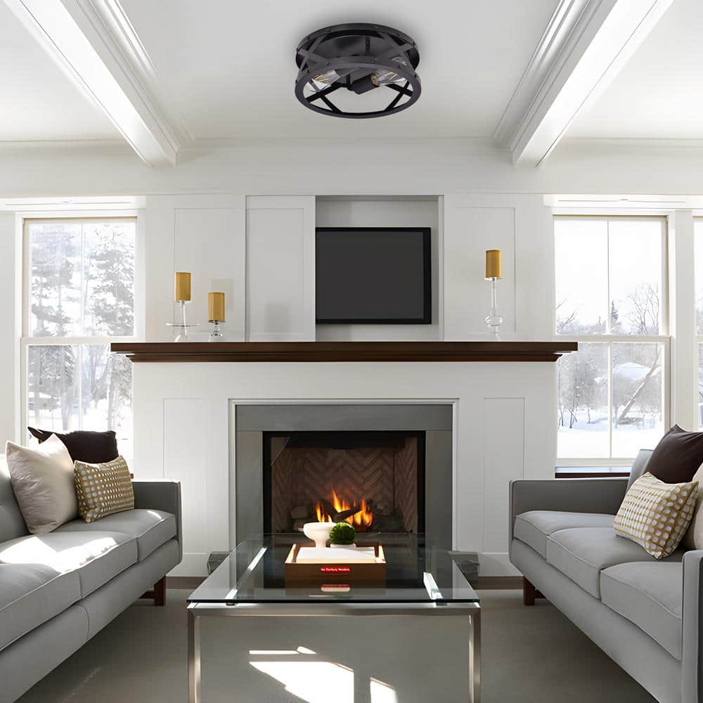 11.8 in. 2-Light Matte Black Flush Mount with Drum Shape - Hercitys