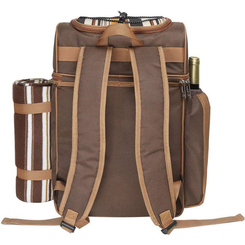 12 in. Blasting Brown Picnic Backpack-2 Insulation Cooler, Wine Rack, Wool Blanket - Hercitys