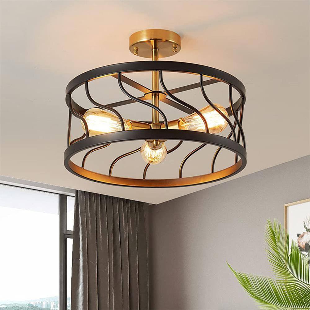 3-Light Black and Gold Semi Flush Mount Ceiling Light, Industrial Ceiling Light with Metal Drum Cage for Hallway Bedroom - Hercitys