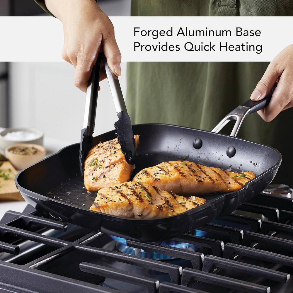 11.25 in. Hard Anodized Aluminum Nonstick Square Grill Pan in Onyx Black with Quick Heat Distribution and Pour Spouts - Hercitys