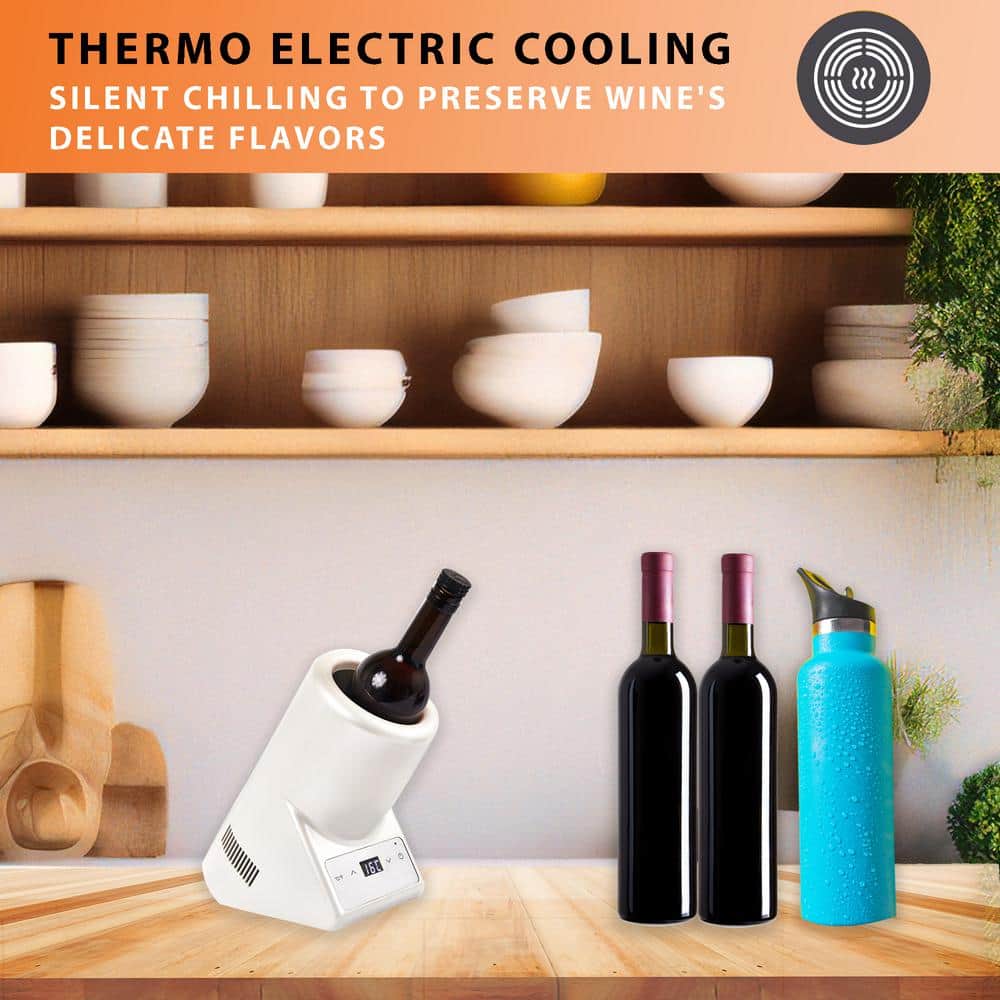 110V AC/12V DC Cellar Cooling Unit 5.3 in. Single Bottle Wine-Champagne-Water Chiller Thermo-Electric in White - Hercitys