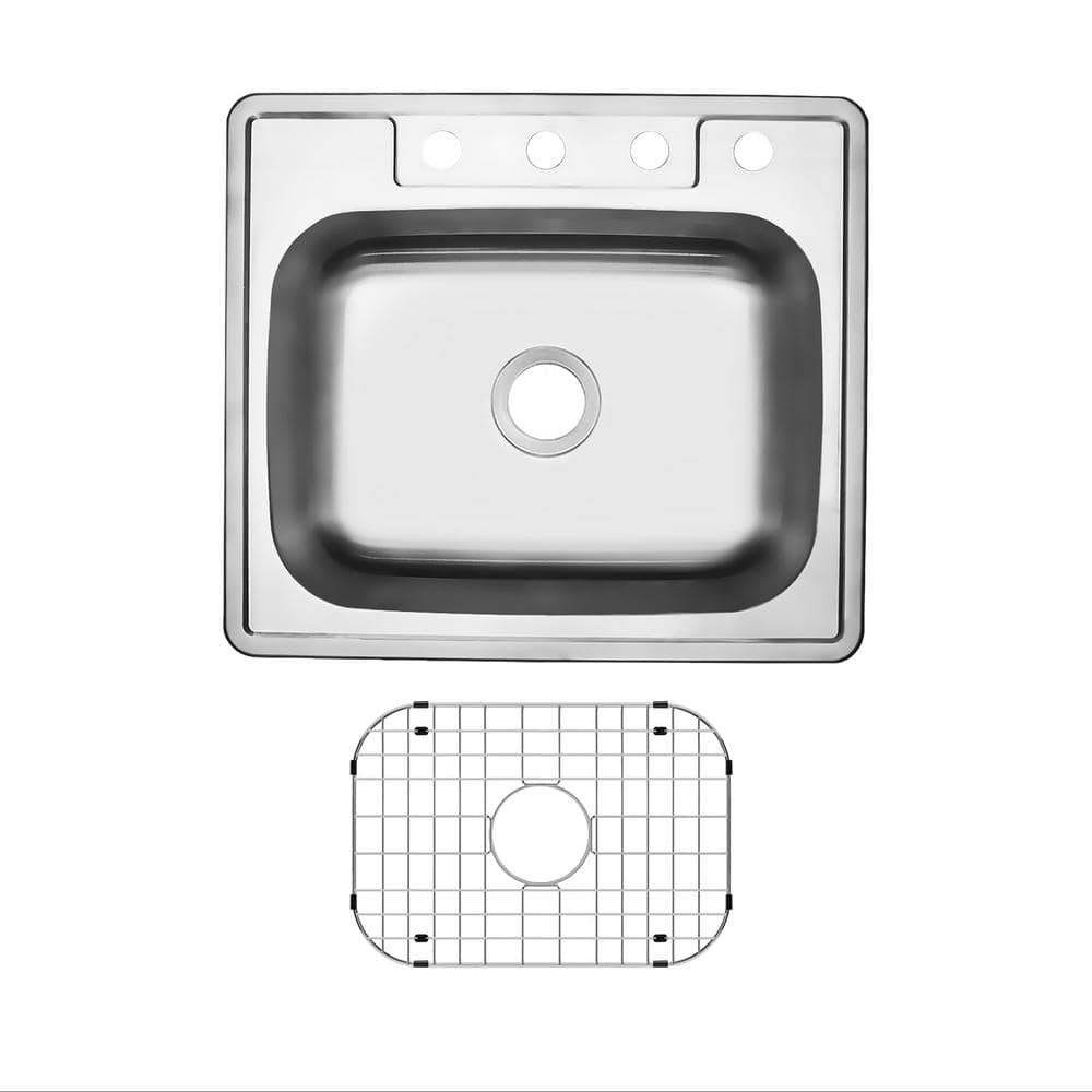 25 in. Drop-In Single Bowl 20-Gauge Stainless Steel Kitchen Sink with Bottom Grid - Hercitys