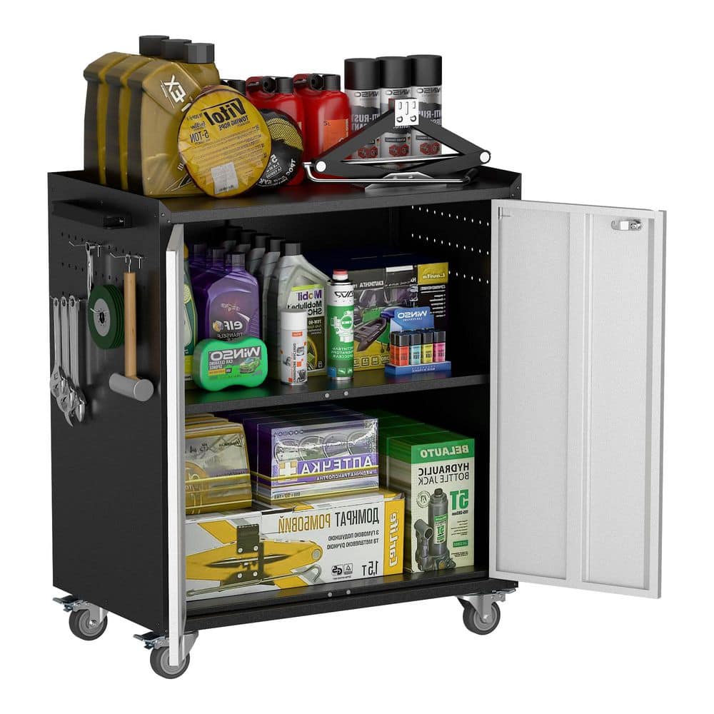 30.31 W x 35.33 in. H x 18.11 in. D Metal Rolling Tool Storage Cabinet, 2 Door Freestanding Cabinets in Black and Grey - Hercitys