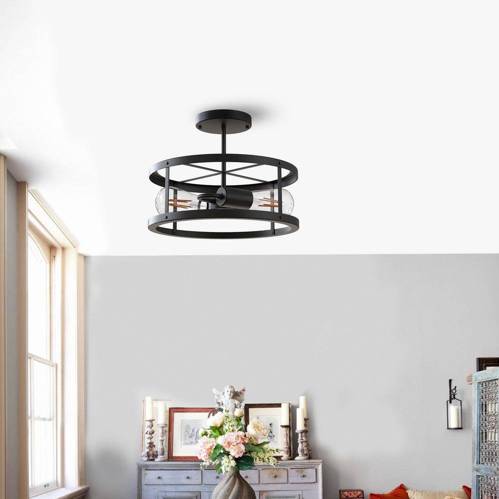 13 in. 2-Light Matte Black Drum Flush Mount - Hercitys