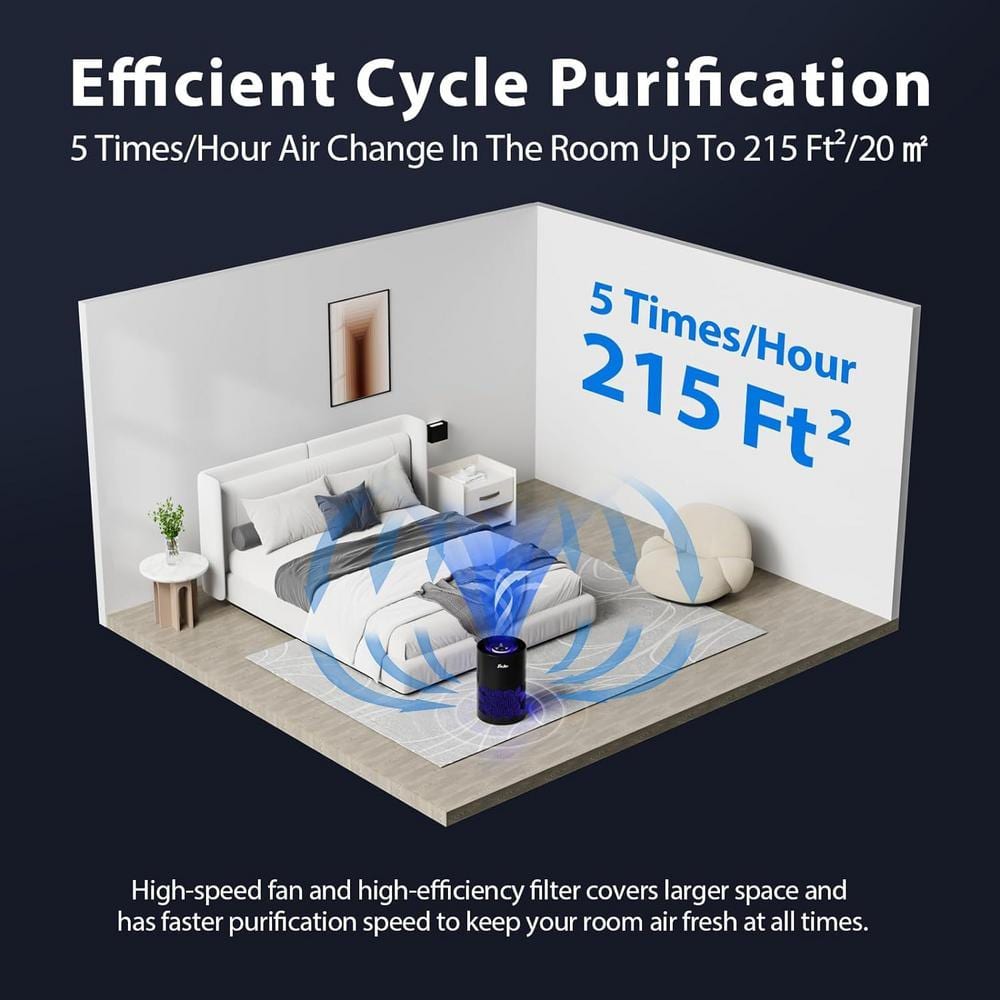 215 sq. ft. HEPA Air Purifier for Bedroom with RGB Lights, for Dust Pets, Smoke and Smell in Black - Hercitys