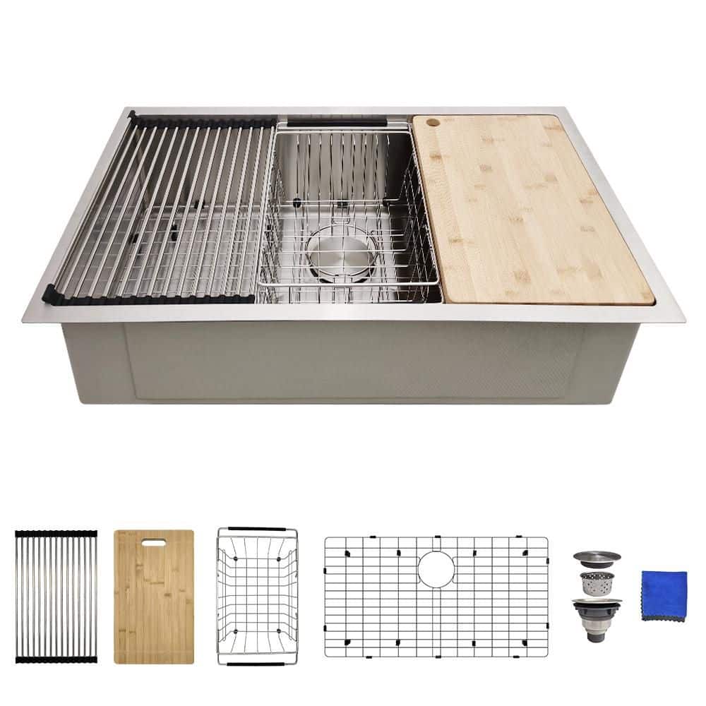 32 in. Undermount Workstation Kitchen Sink-16 Gauge Stainless Steel Single Bowl 32 x 19 Deep Sink with Ledge Accessories - Hercitys