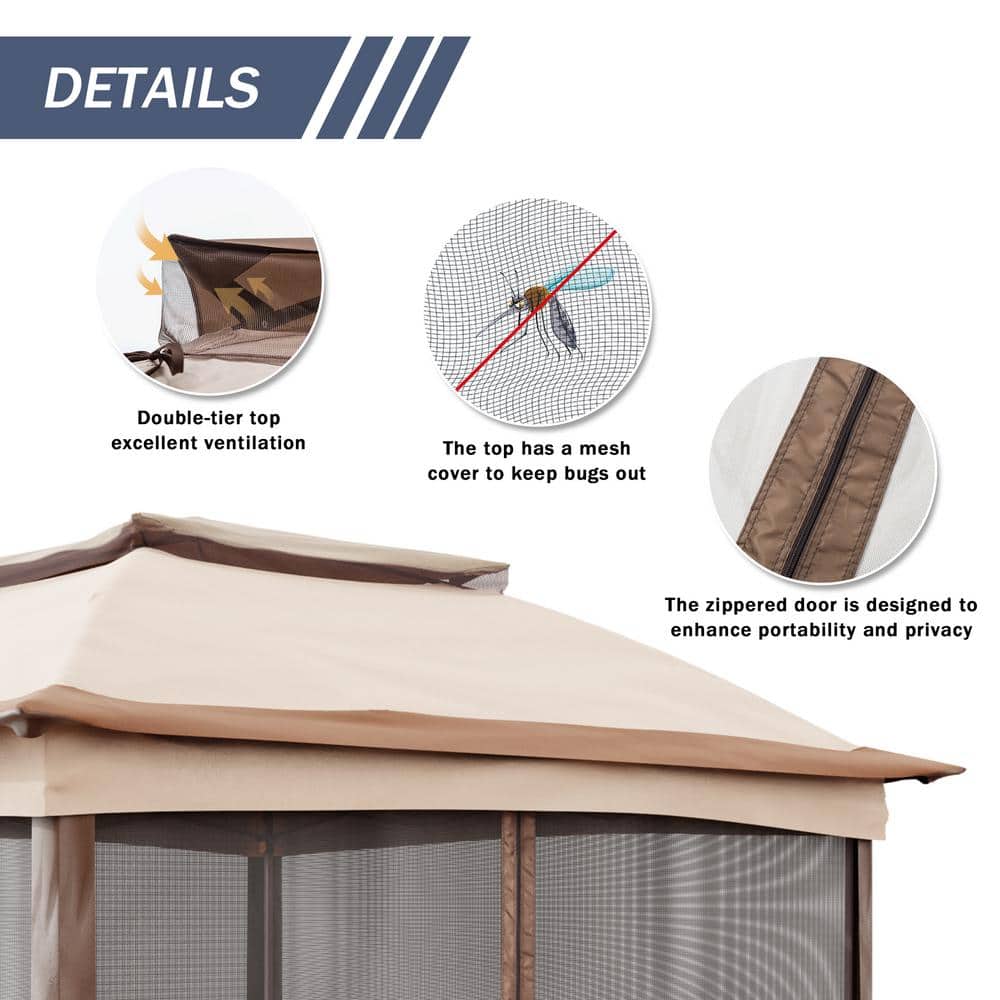 11 ft. x 11 ft. Beige Steel Pop-up Gazebo with Mosquito Netting - Hercitys