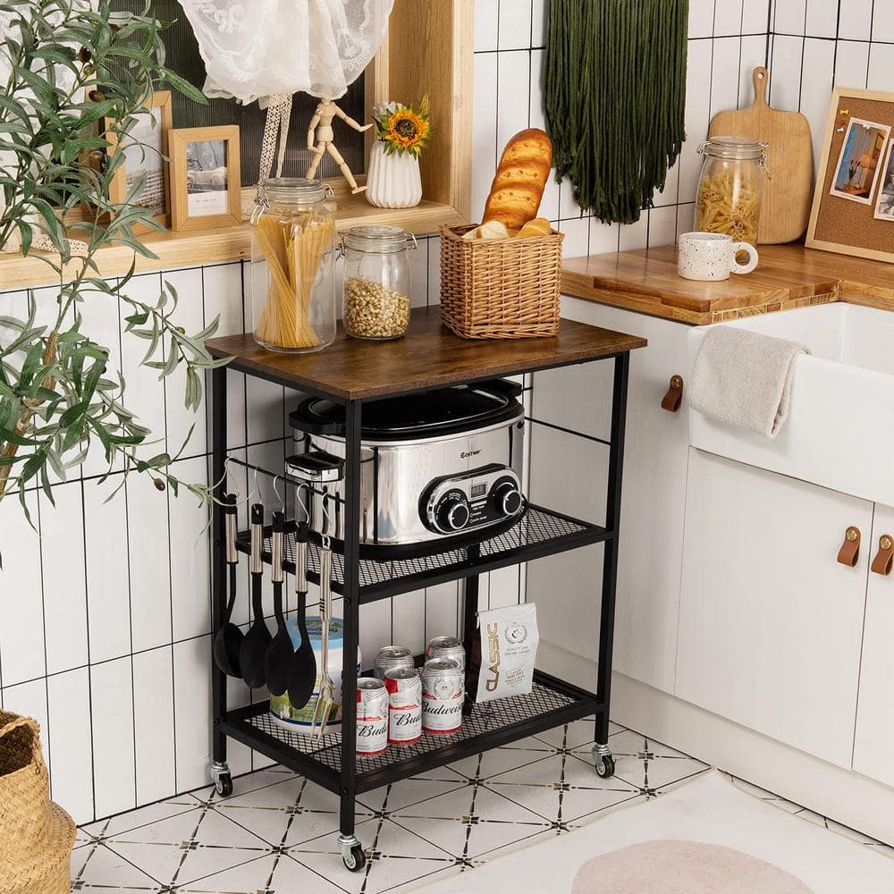 3-Tier Brown Kitchen Serving Cart Utility Standing Microwave Rack with Hooks - Hercitys