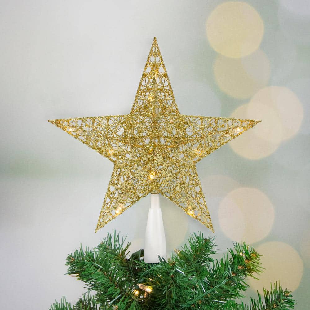 10 in. LED Lighted Gold Glittered Star Christmas Tree Topper – Warm White Lights - Hercitys