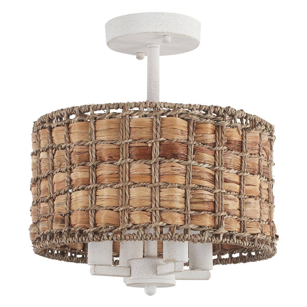 11.81 in. 4-Light Distressed White Drum Natural Rattan Seagrass Semi Flush Mount Ceiling Light with No Bulbs Included - Hercitys