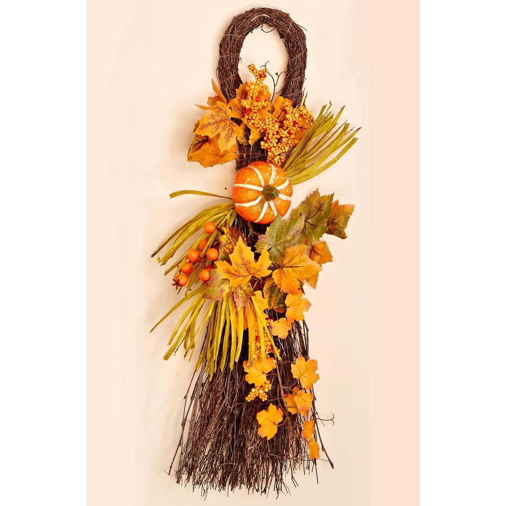 26 in. Fall Twig Teardrop with Long Grasses Berries Pumpkins and Leaves - Hercitys
