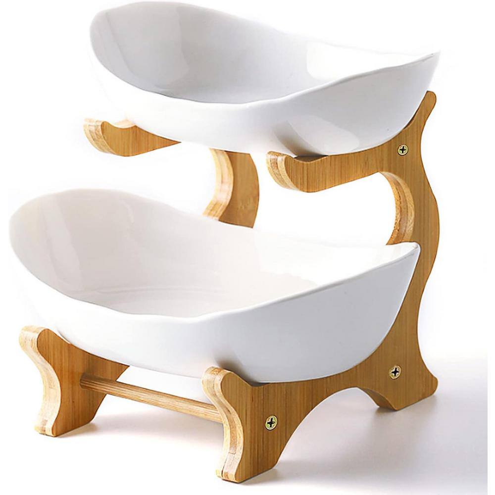 2-Tier Ceramic Fruit Bowl With Bamboo Wood Stand for Kitchen Counter for Vegetable Storage, Snack Dessert in White - Hercitys