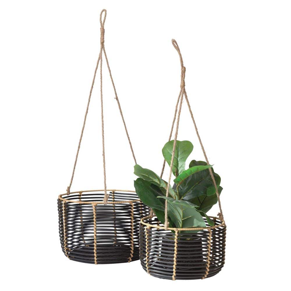 12 in. W and 10 in. W Indoor Outdoor Black Resin Rattan Hanging Basket Planters, (Set of 2) (Large and Small) - Hercitys