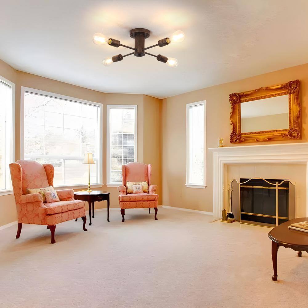 17.5 in. 4-Light Imitation Wood Grain Sputnik Transitional Flush Mount Ceiling Lights - Hercitys