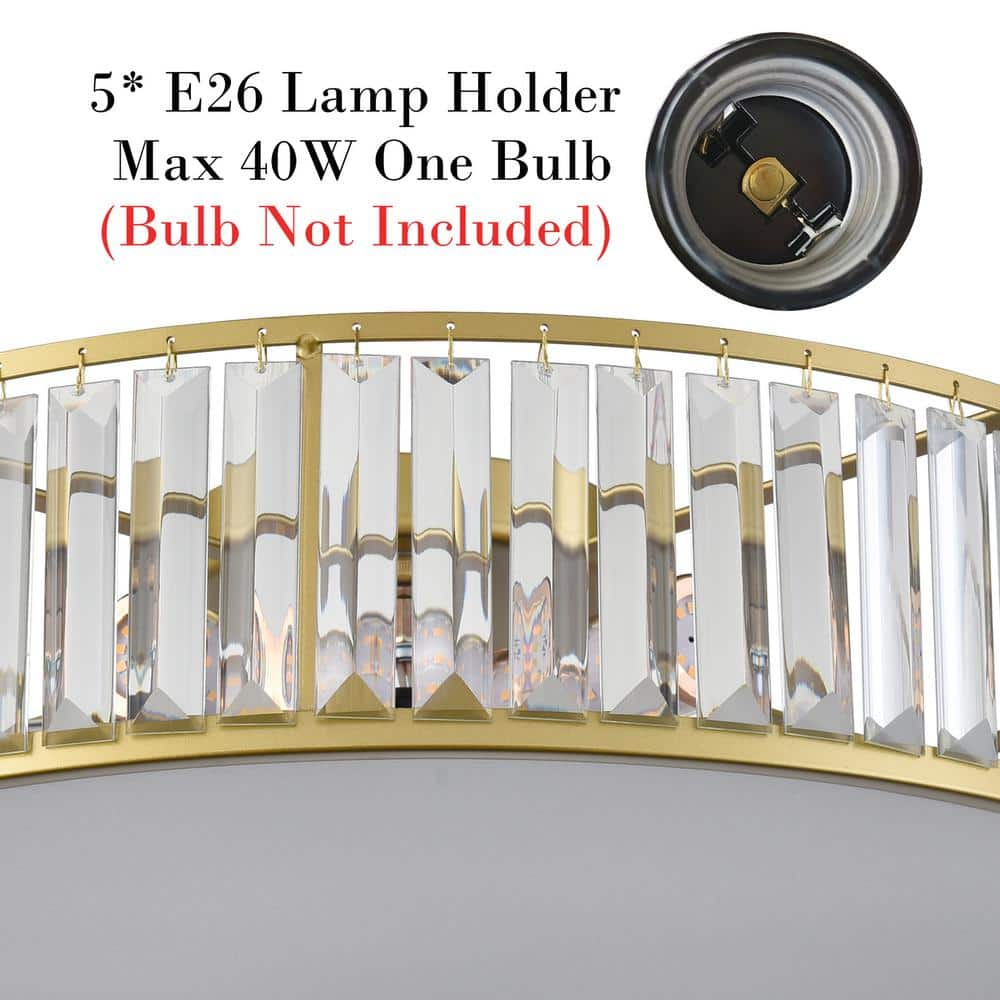 19.69 in. 5-Light Fixture Gold Finish Modern Flush Mount with Crystal Shade 1-Pack - Hercitys