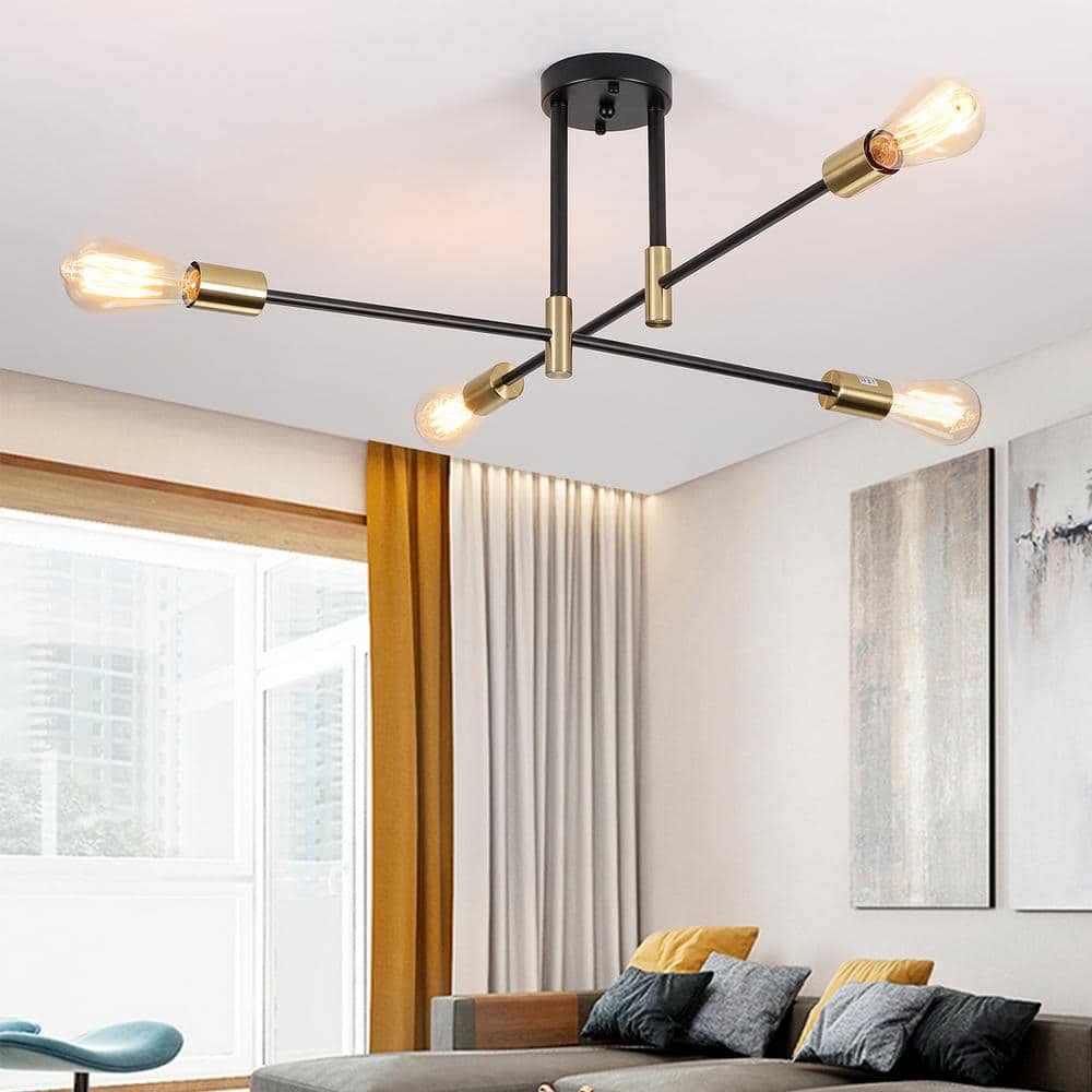 27.5 in. 4-Light Black and Brass Sputnik Semi- Flush Mount Ceiling Light with No Bulbs Included - Hercitys