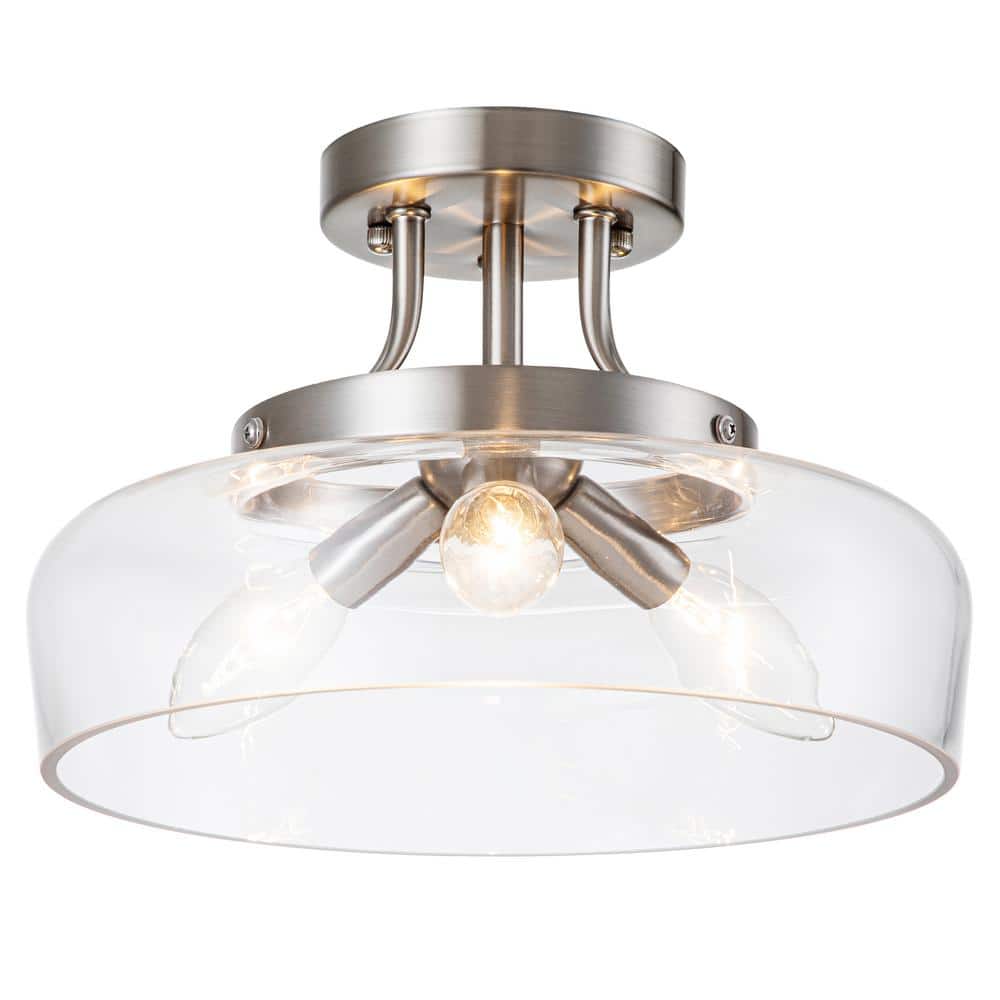 11 in. 3-Light Satin Nickel Transitional Semi-Flush Mount with Clear Glass Shade and No Bulbs Included - Hercitys
