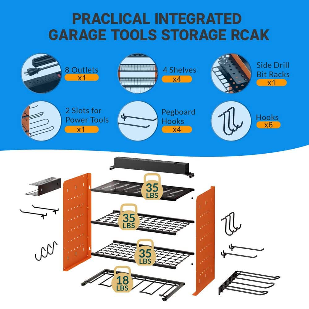 16 .6 in. Modular Power Tool Organizer with Charging Station, 150 lbs. Wall Mount Garage with hooks, Orange - Hercitys