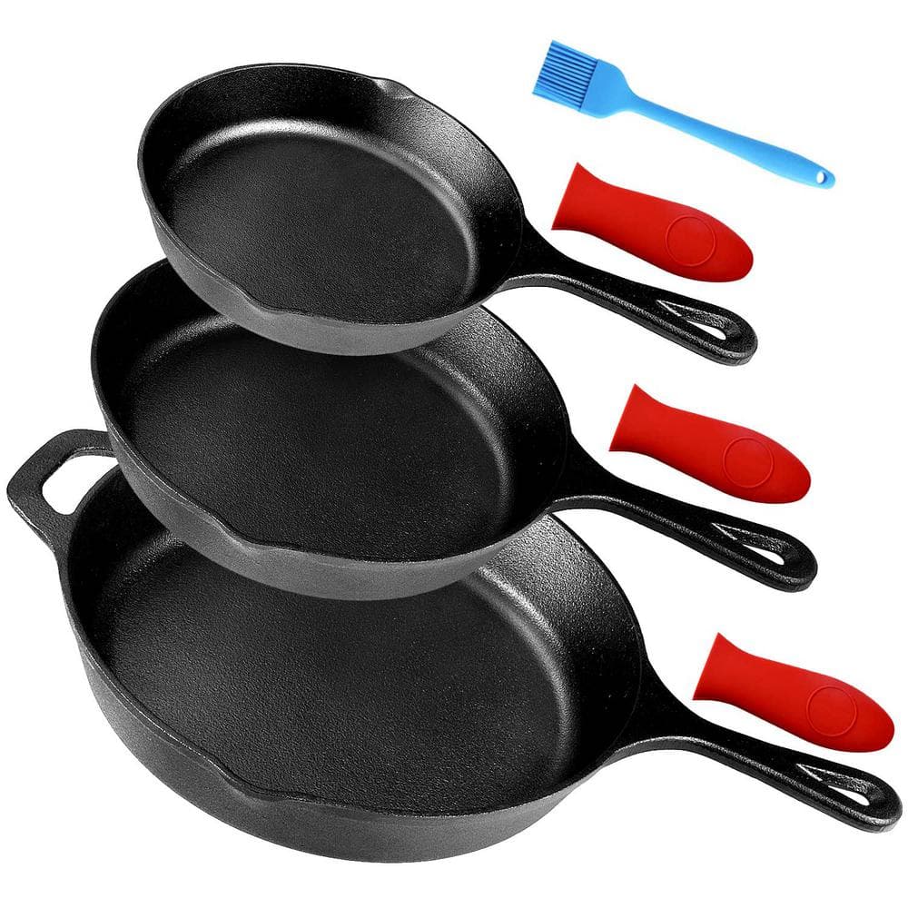 3-Piece Black Cast Iron Frying Pans Skillet Set of 3 : 6″, 8″ & 10″ with 3 Heat-Resistant Holders & Oil Brush - Hercitys