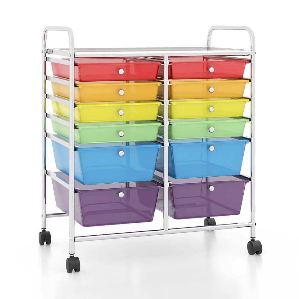 12-Drawers Plastic Rolling Storage Cart with Organizer Top in MultiColor - Hercitys