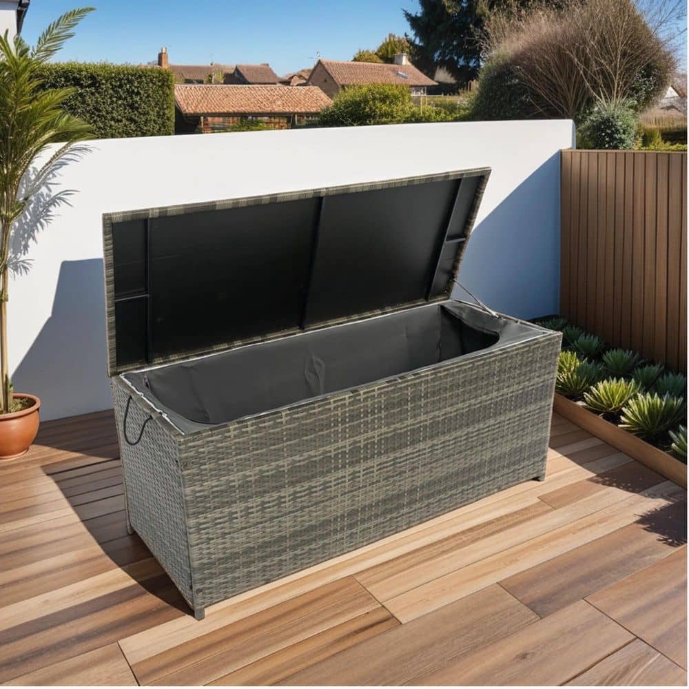 200 Gal. Wicker Deck Box with Lid, Waterproof Outdoor Storage Organizer Shed Bin for Patio Cushions Pillows Toys - Hercitys