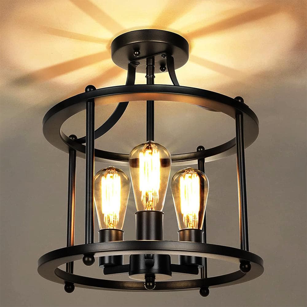 3-Light Black Farmhouse Semi Flush Mount Ceiling Light Fixture, Vintage Ceiling Mount for Dining Room Hallway Entryway - Hercitys