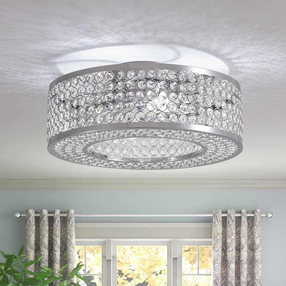 20 in. Indoor Modern Chrome Low Profile Ceiling Fan with Lights and Remote Small Caged Ceiling Fan with Clear Crystal - Hercitys