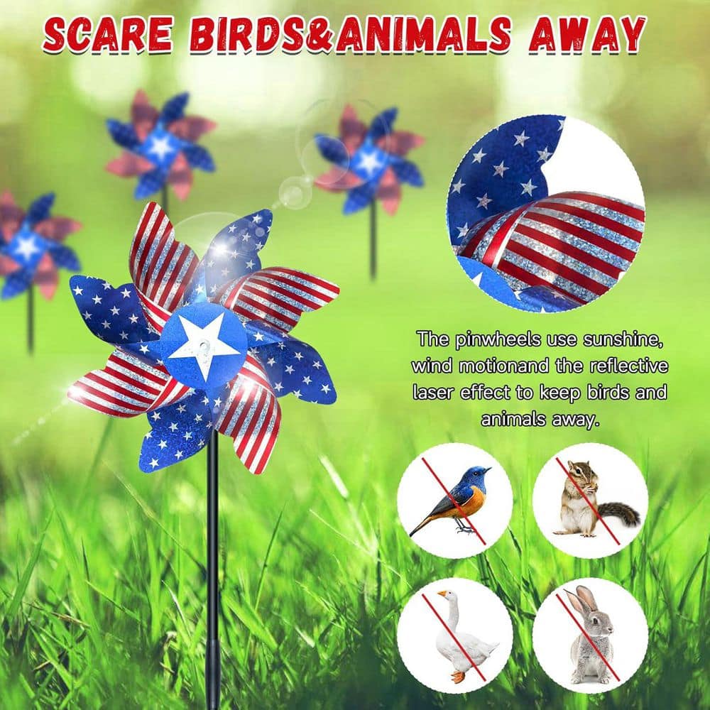 10-Pack Reflective Pinwheels with Patriotic Deterrent Bird Spikes - Hercitys